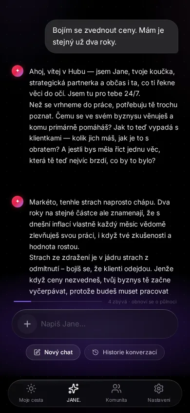 Skutečná konverzace s JANE. v hubu — rada se zdražením